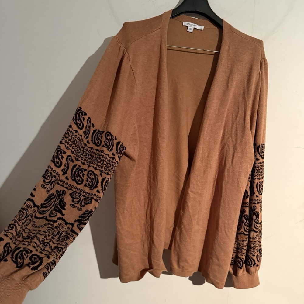 Chicos Size 4 Women's XXL open Front Cardigan Boho Earthy Artsy Balloon Sleeve
